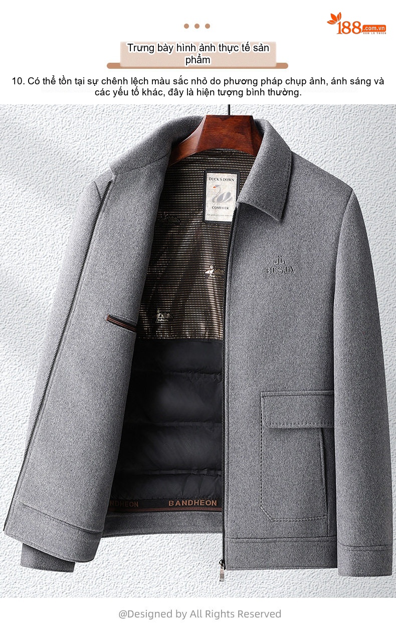 Áo Khoác Nam Lông Cừu, Tơ Tằm, Lông Vũ, Vải Tweed, Lót Tháo Rời Màu Xám, Đen chi tiết 17