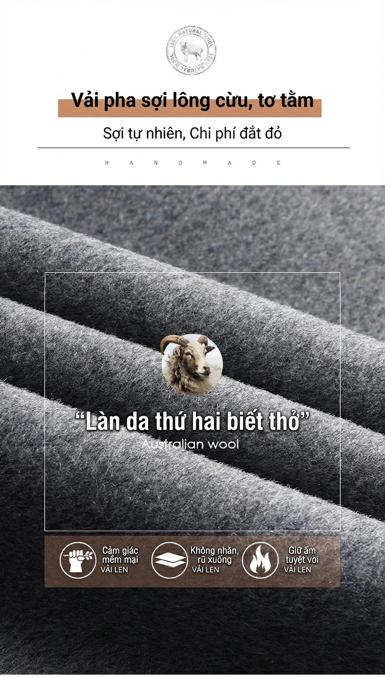 Áo Khoác Nam Lông Cừu, Tơ Tằm, Lông Vũ, Vải Tweed, Lót Tháo Rời Màu Xám, Đen chi tiết 2