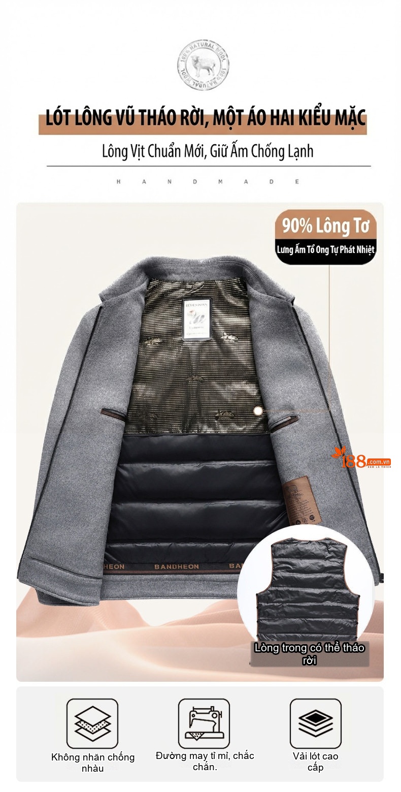 Áo Khoác Nam Lông Cừu, Tơ Tằm, Lông Vũ, Vải Tweed, Lót Tháo Rời Màu Xám, Đen chi tiết 8