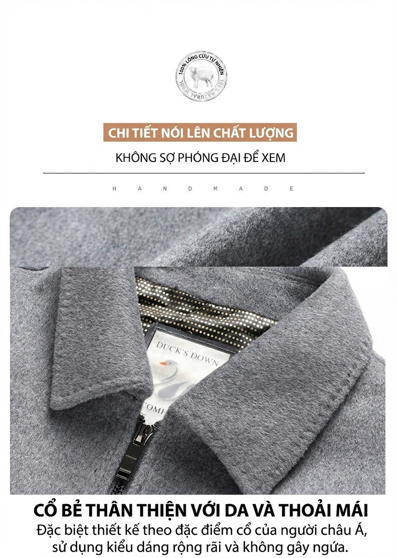 Áo Khoác Nam Lông Cừu, Tơ Tằm, Lông Vũ, Vải Tweed, Lót Tháo Rời Màu Xám, Đen chi tiết 12