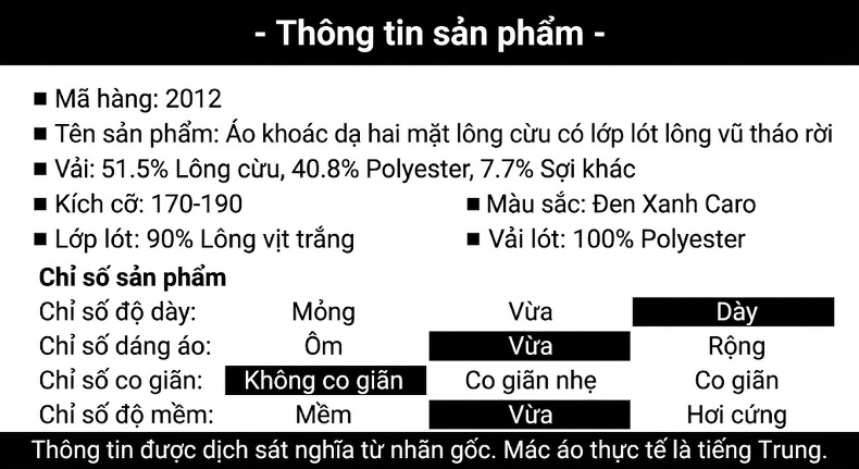 Áo Khoác Nam Lông Vũ Lót Lông Cừu Non Áo Dạ Nam Hai Mặt Màu Đen, Xanh Than chi tiết 10