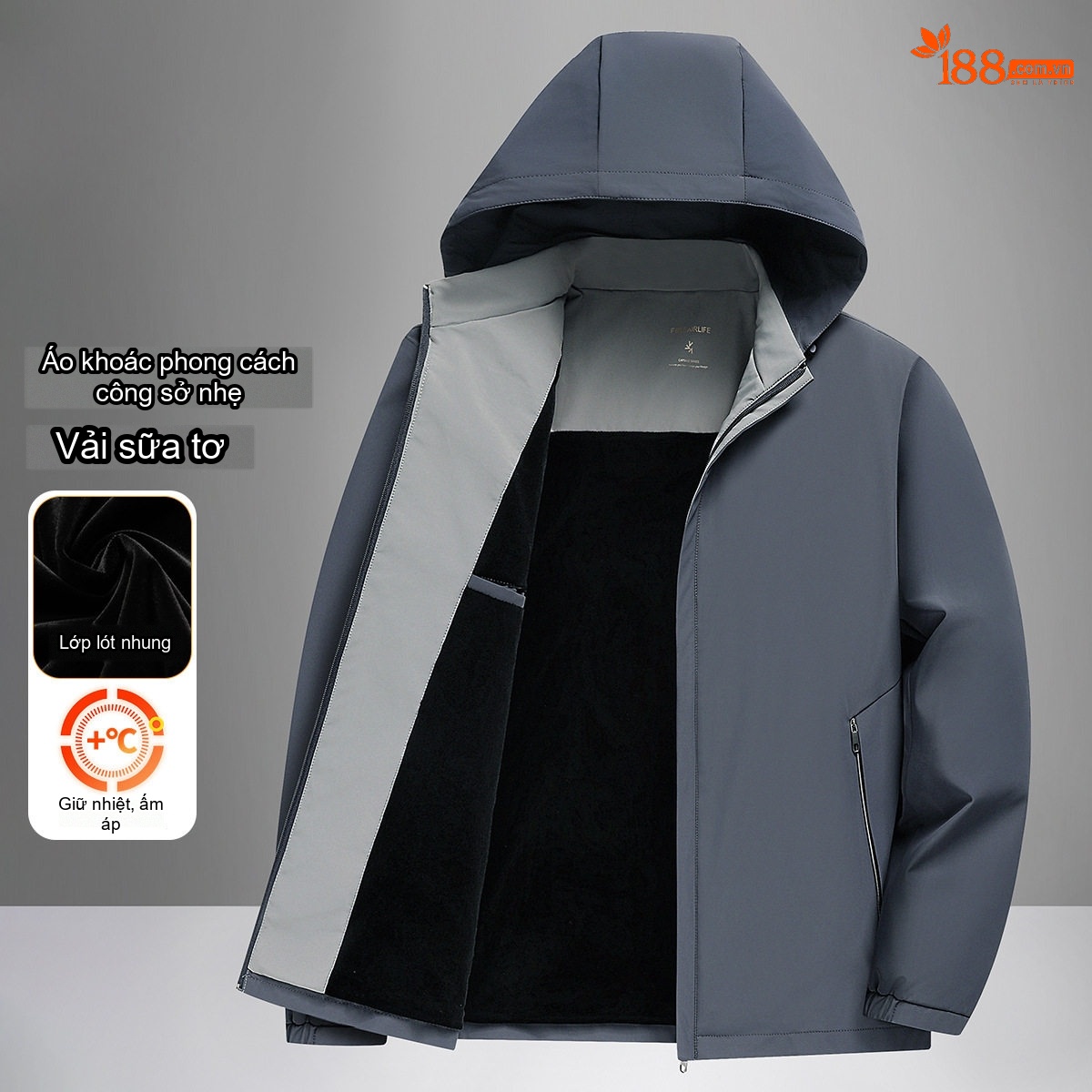Áo Khoác Nam Milk Silk Dáng Bomber Có Mũ Trùm Đầu Lót Nhung Giữ Nhiệt Màu Xám, Xanh Navy