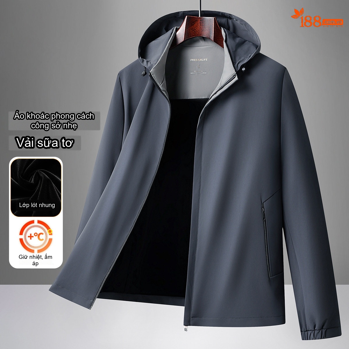Áo Khoác Nam Milk Silk Dáng Bomber Có Mũ Trùm Đầu Lót Nhung Giữ Nhiệt Màu Xám, Xanh Navy
