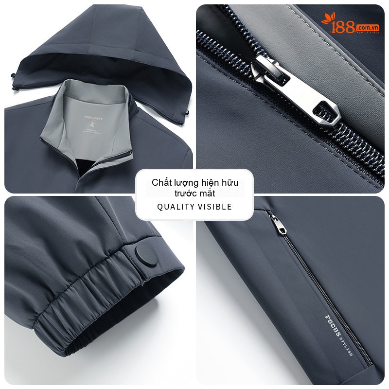 Áo Khoác Nam Milk Silk Dáng Bomber Có Mũ Trùm Đầu Lót Nhung Giữ Nhiệt Màu Xám, Xanh Navy