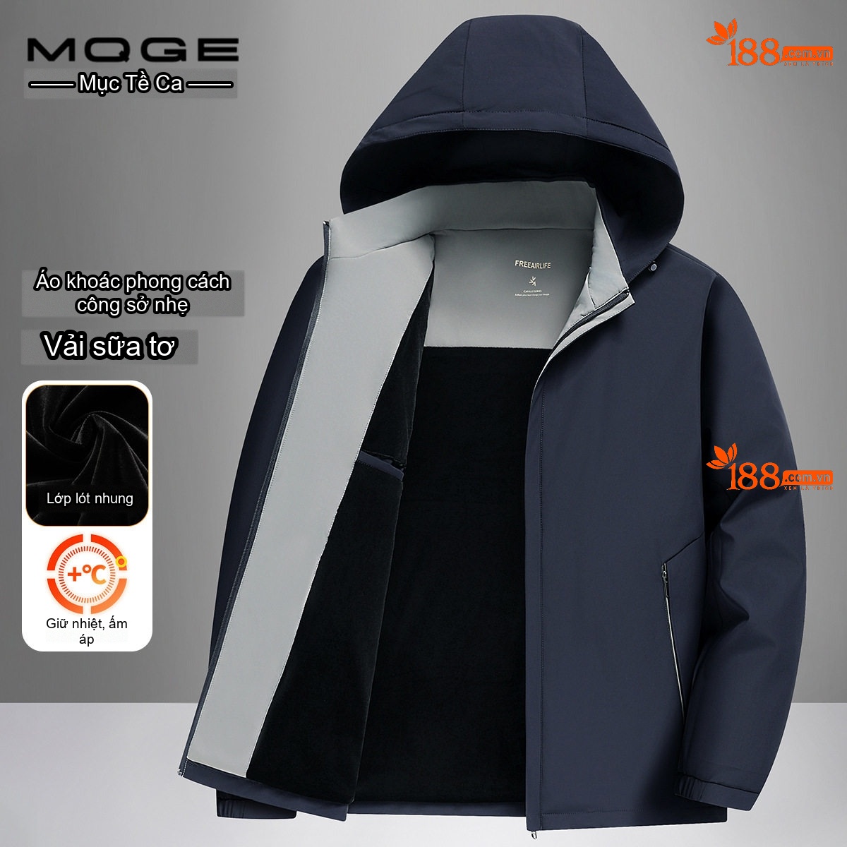 Áo Khoác Nam Milk Silk Dáng Bomber Có Mũ Trùm Đầu Lót Nhung Giữ Nhiệt Màu Xám, Xanh Navy