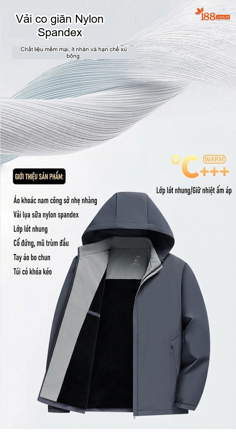 Áo Khoác Nam Milk Silk Dáng Bomber Có Mũ Trùm Đầu Lót Nhung Giữ Nhiệt Màu Xám, Xanh Navy chi tiết 2