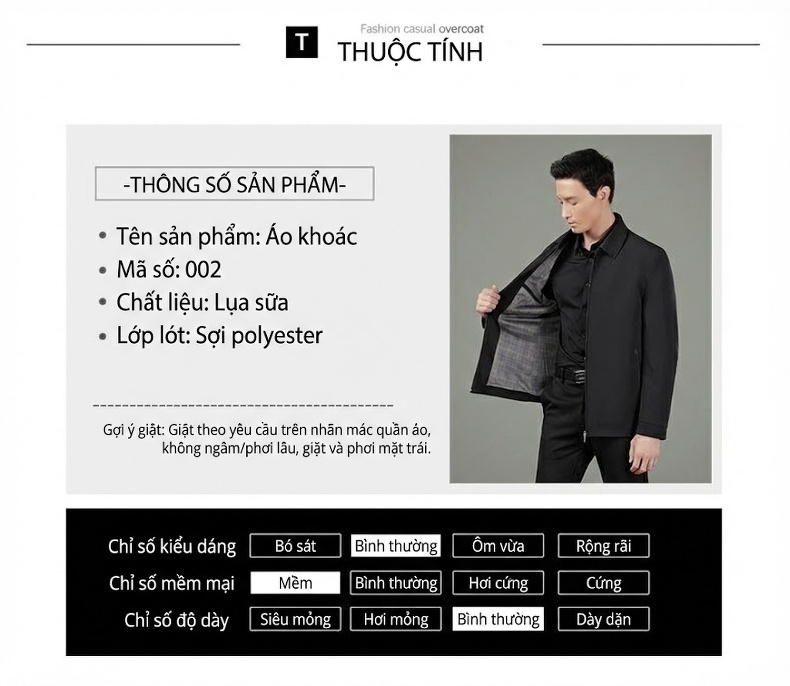 Áo Khoác Nam Milk Silk (Sợi Sữa) Dáng Suông Chống Nhăn Phong Cách Công Sở Màu Đen chi tiết 18