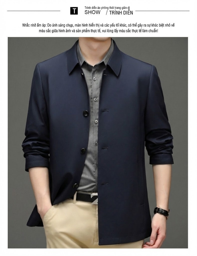 Áo Khoác Nam Mỏng Cổ Bẻ Kiểu Dáng Doanh Nhân Màu Xanh Navy, Be, Đỏ Rượu, Đen chi tiết 18