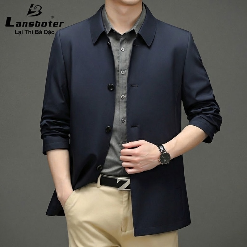 Áo Khoác Nam Mỏng Cổ Bẻ Kiểu Dáng Doanh Nhân Màu Xanh Navy, Be, Đỏ Rượu, Đen