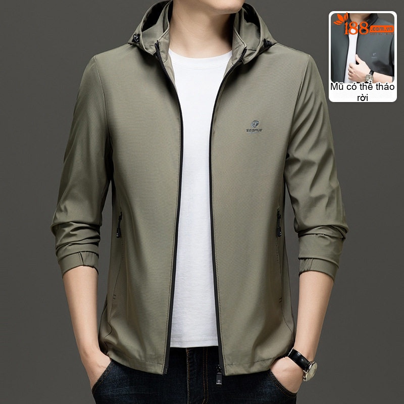 Áo Khoác Nam Mỏng Có Mũ Trùm Đầu Phong Cách Thời Trang Màu Xanh Rêu, Xanh Navy, Xám