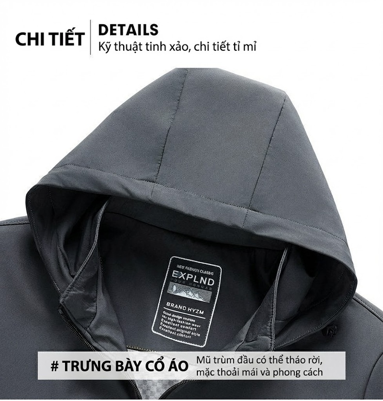 Áo Khoác Nam Mỏng Có Mũ Trùm Đầu Phong Cách Thời Trang Màu Xanh Rêu, Xanh Navy, Xám chi tiết 24