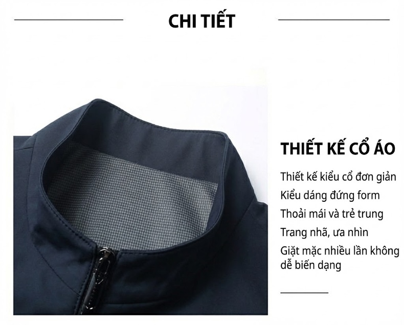Áo Khoác Nam Mùa Thu Đông Dáng Ôm Vừa Vặn, Cổ Trụ, Khóa Kéo, Màu Xanh Navy chi tiết 4