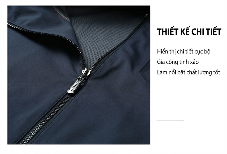 Áo Khoác Nam Mùa Thu Đông Dáng Ôm Vừa Vặn, Cổ Trụ, Khóa Kéo, Màu Xanh Navy chi tiết 6
