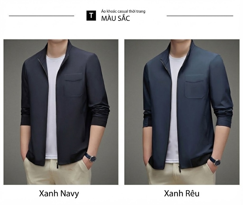 Áo Khoác Nam Mùa Thu Đông Dáng Ôm Vừa Vặn, Cổ Trụ, Khóa Kéo, Màu Xanh Navy chi tiết 8