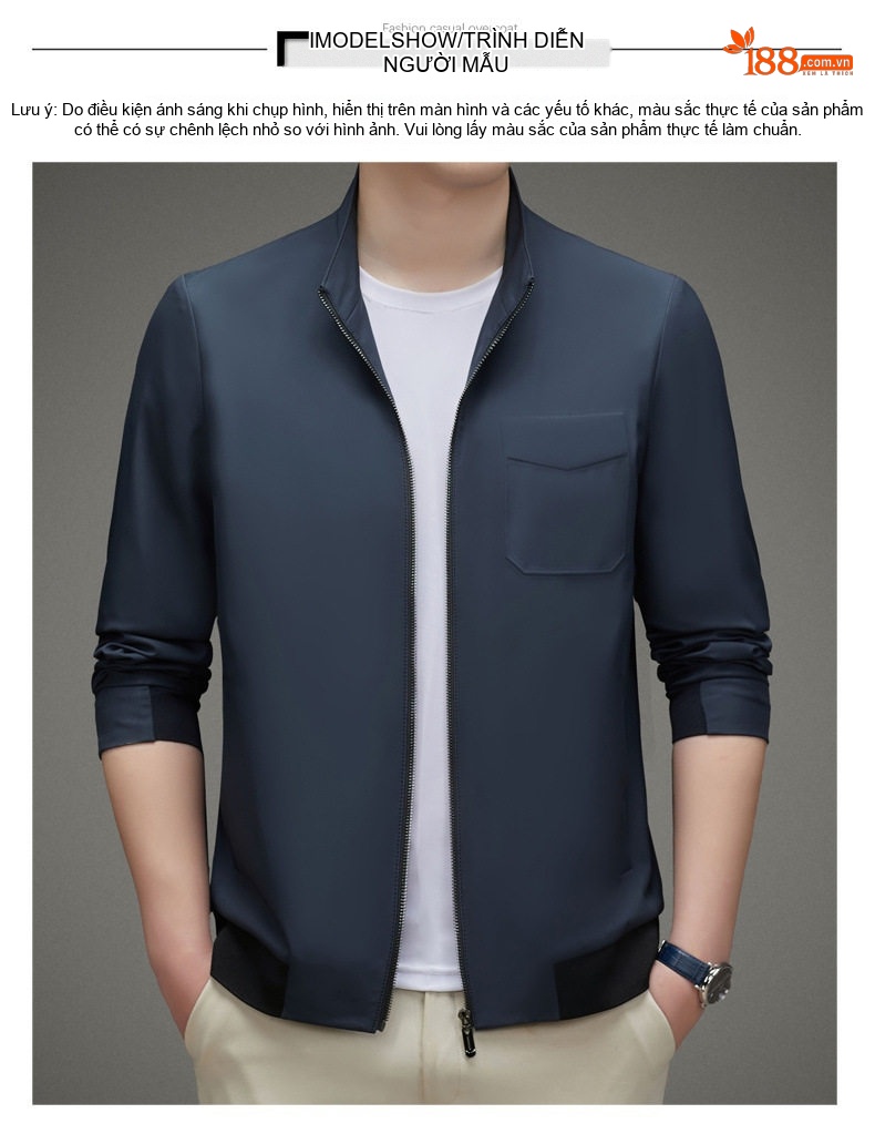 Áo Khoác Nam Mùa Thu Đông Dáng Ôm Vừa Vặn, Cổ Trụ, Khóa Kéo, Màu Xanh Navy chi tiết 9