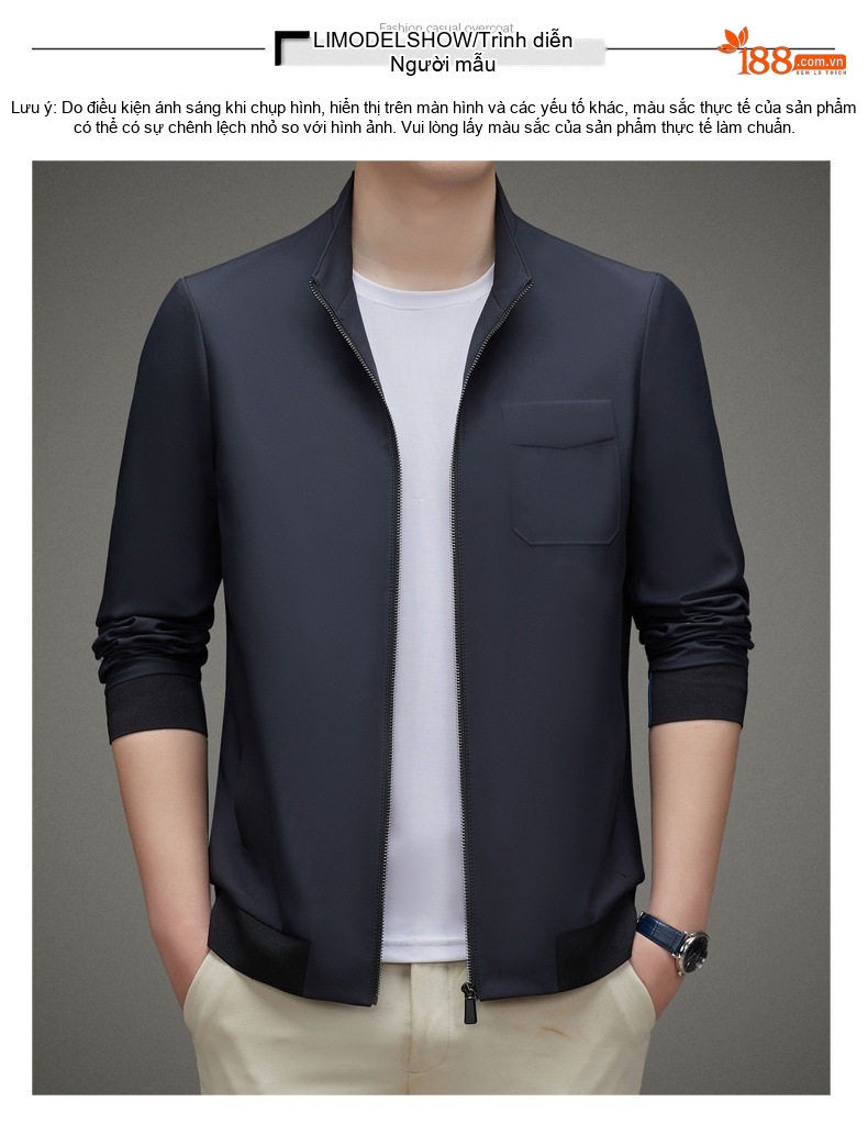 Áo Khoác Nam Mùa Thu Đông Dáng Ôm Vừa Vặn, Cổ Trụ, Khóa Kéo, Màu Xanh Navy chi tiết 15