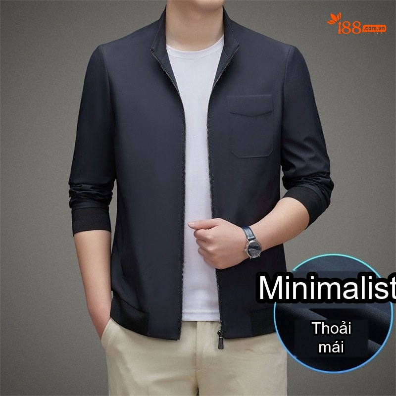 Áo Khoác Nam Mùa Thu Đông Dáng Ôm Vừa Vặn, Cổ Trụ, Khóa Kéo, Màu Xanh Navy