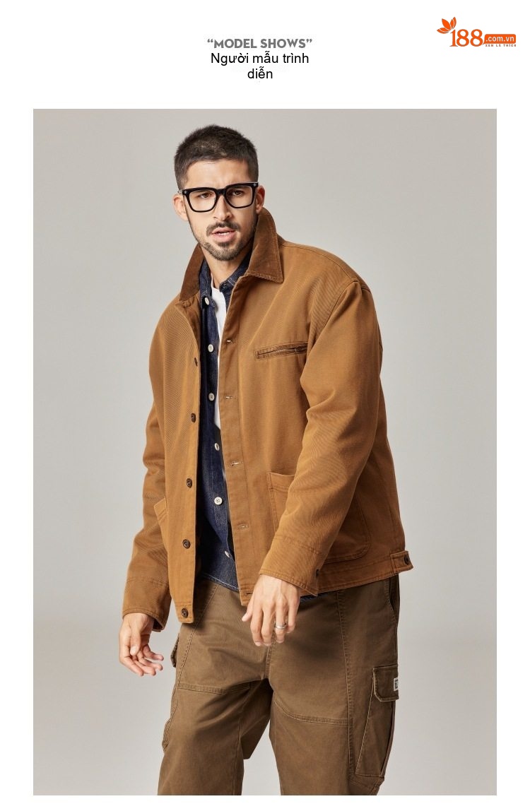 Áo Khoác Nam Nữ Vải Canvas Retro Detroit Phong Cách Mỹ Màu Nâu, Kem chi tiết 5