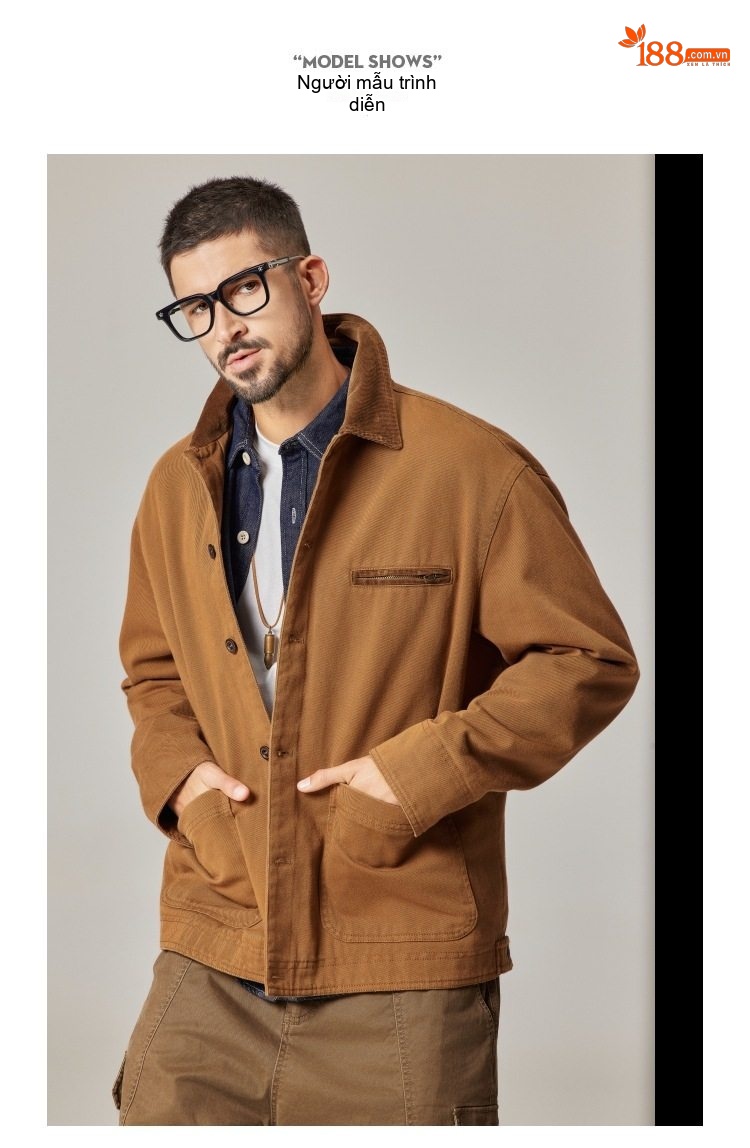 Áo Khoác Nam Nữ Vải Canvas Retro Detroit Phong Cách Mỹ Màu Nâu, Kem chi tiết 7