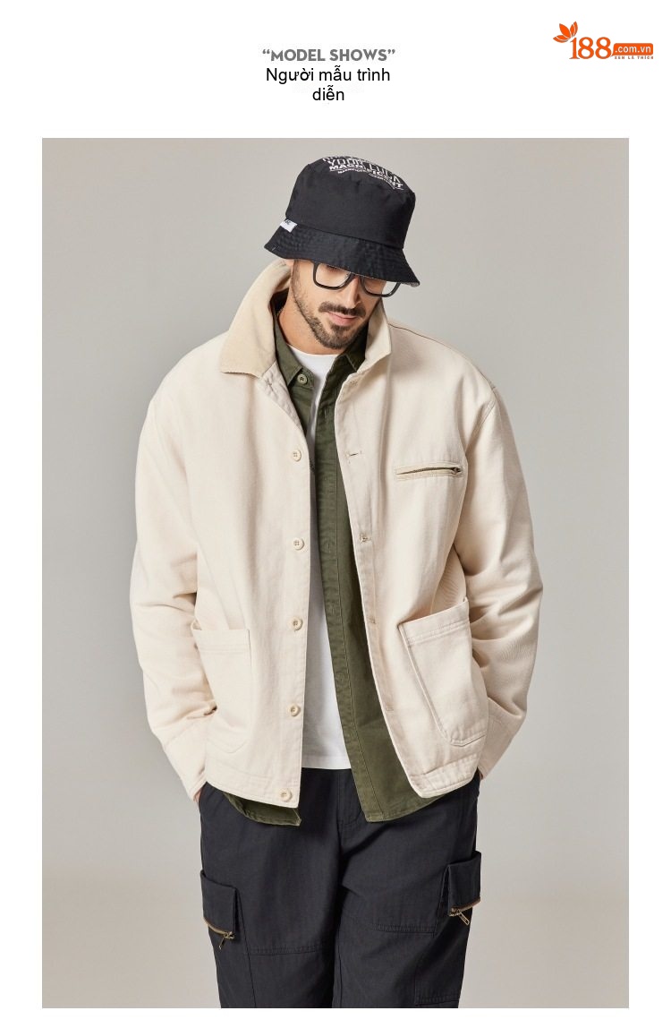 Áo Khoác Nam Nữ Vải Canvas Retro Detroit Phong Cách Mỹ Màu Nâu, Kem chi tiết 14