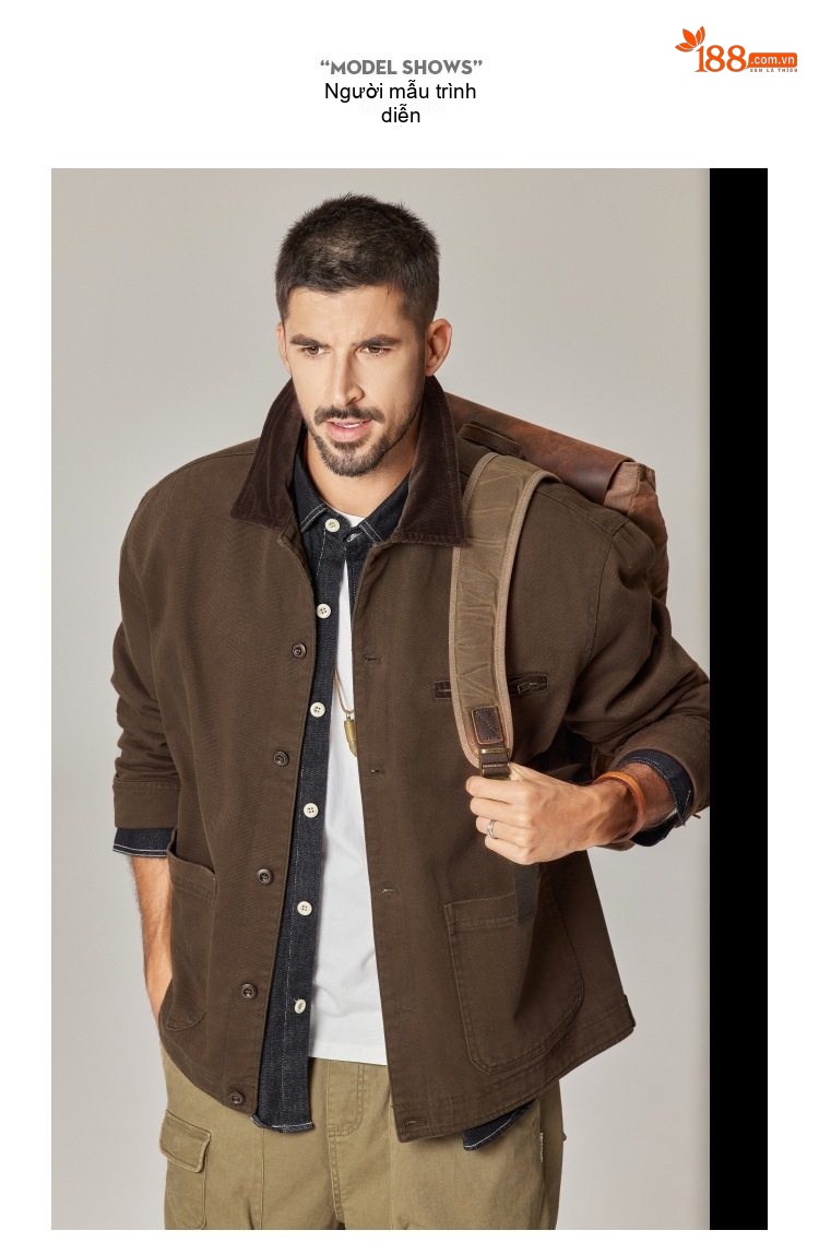 Áo Khoác Nam Nữ Vải Canvas Retro Detroit Phong Cách Mỹ Màu Nâu, Kem chi tiết 19