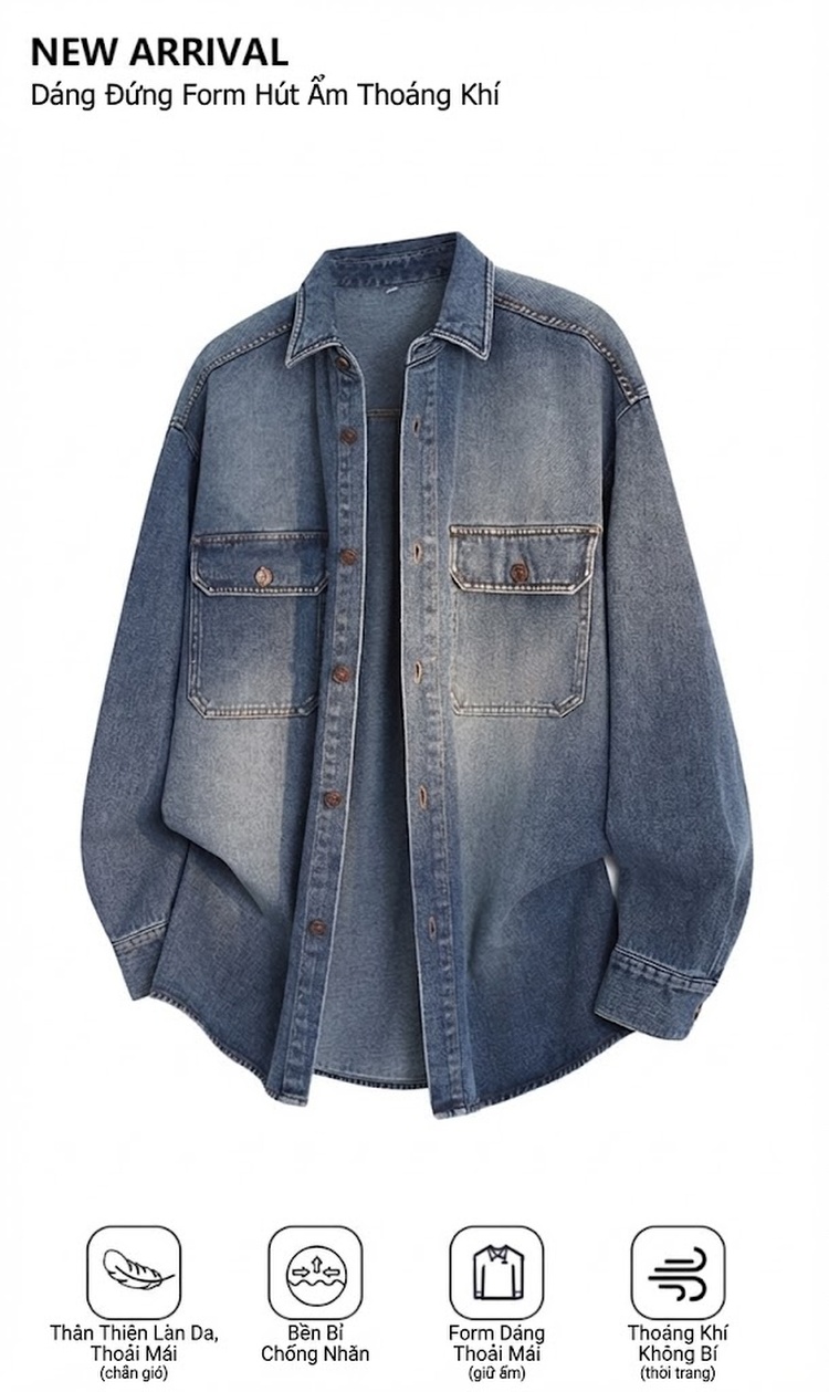 Áo Khoác Nam Tay Dài Cổ Bẻ Kiểu Jean Form Rộng Màu Xanh Dương chi tiết 1