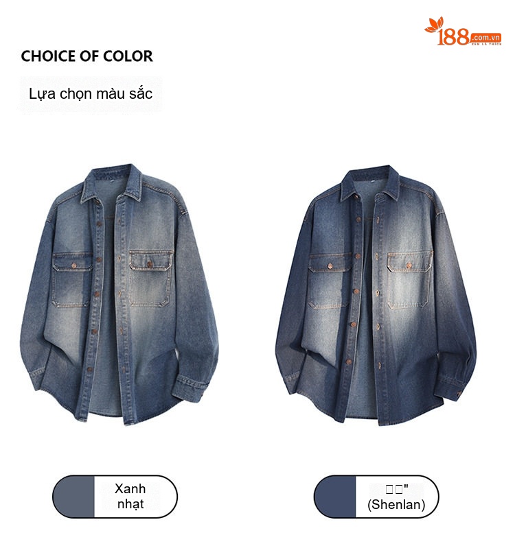 Áo Khoác Nam Tay Dài Cổ Bẻ Kiểu Jean Form Rộng Màu Xanh Dương chi tiết 5