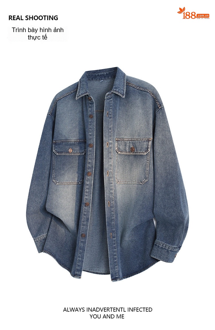 Áo Khoác Nam Tay Dài Cổ Bẻ Kiểu Jean Form Rộng Màu Xanh Dương chi tiết 6
