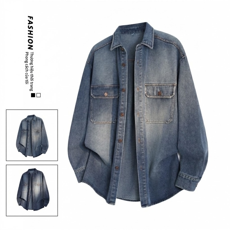 Áo Khoác Nam Tay Dài Cổ Bẻ Kiểu Jean Form Rộng Màu Xanh Dương