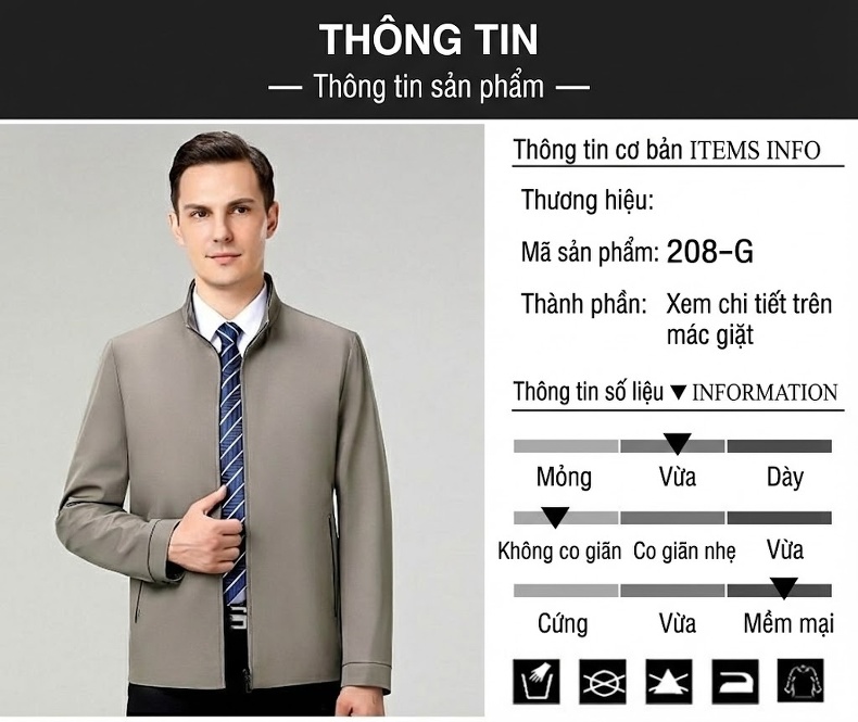Áo Khoác Nam Trung Niên Dáng Suông Vải Dệt Màu Xanh Navy, Xám chi tiết 5