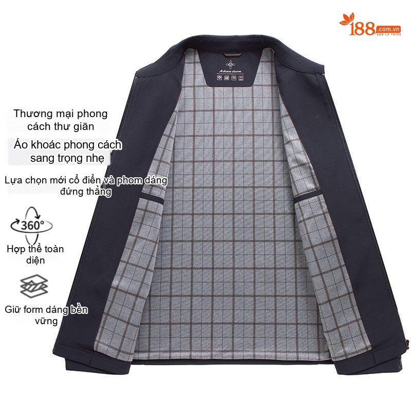 Áo Khoác Nam Trung Niên Thu Đông Dáng Rộng Cổ Bẻ Khóa Kéo Màu Xanh Navy