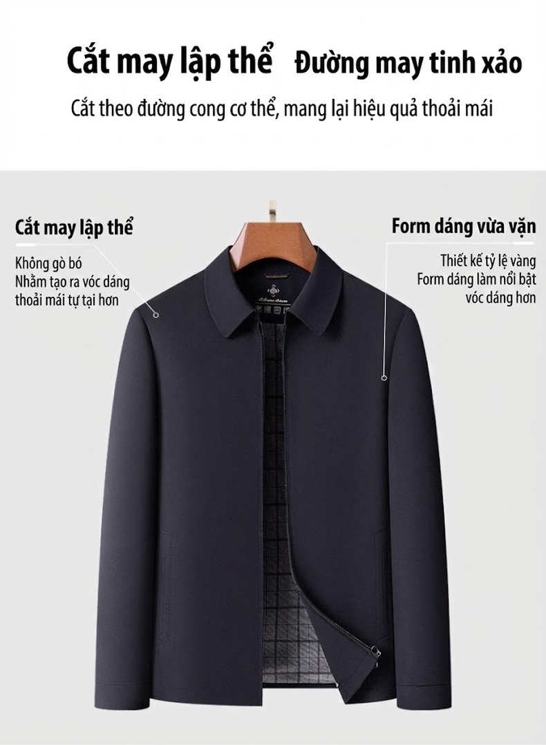 Áo Khoác Nam Trung Niên Thu Đông Dáng Rộng Cổ Bẻ Khóa Kéo Màu Xanh Navy chi tiết 4
