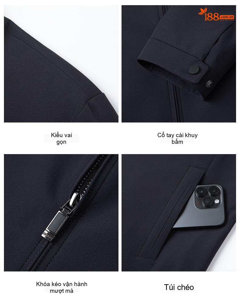 Áo Khoác Nam Trung Niên Thu Đông Dáng Rộng Cổ Bẻ Khóa Kéo Màu Xanh Navy chi tiết 6