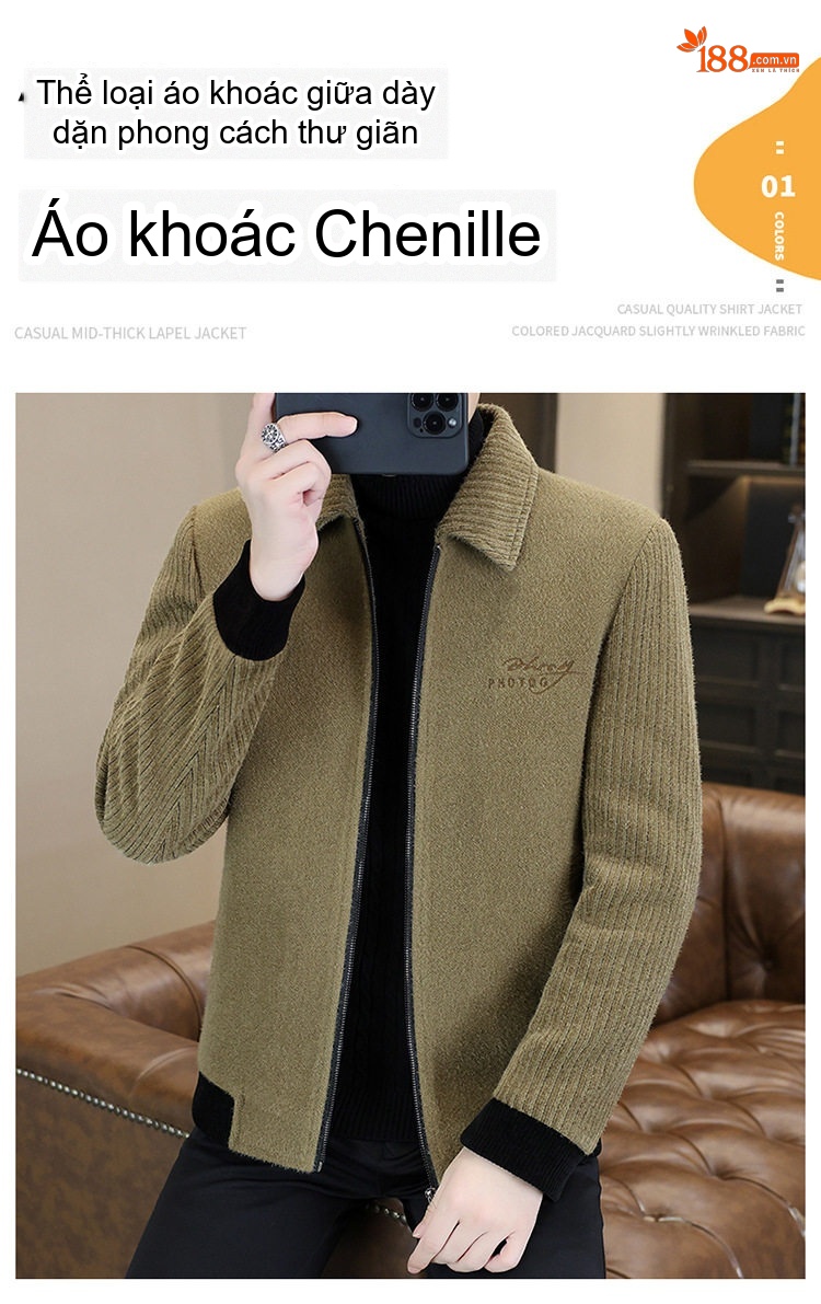 Áo Khoác Nam Tuyết Ni Nhung Dáng Ôm Vừa Vặn Cổ Bẻ Khóa Kéo Lót Lông Dày Dặn Màu Xanh Olive, Đen chi tiết 1