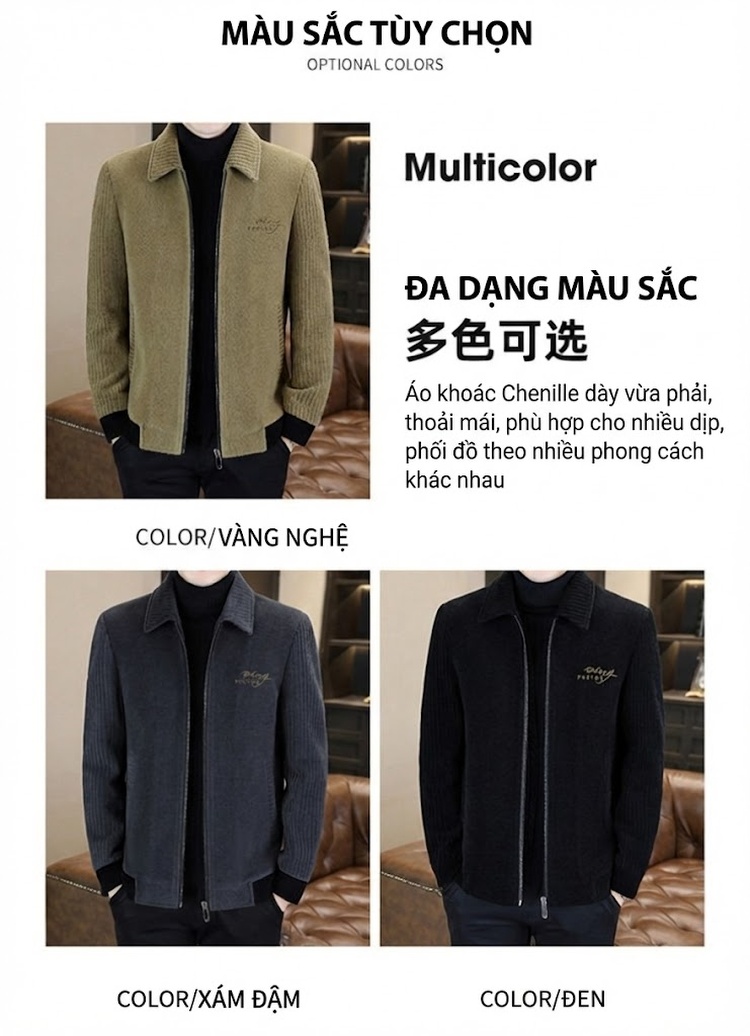 Áo Khoác Nam Tuyết Ni Nhung Dáng Ôm Vừa Vặn Cổ Bẻ Khóa Kéo Lót Lông Dày Dặn Màu Xanh Olive, Đen chi tiết 4