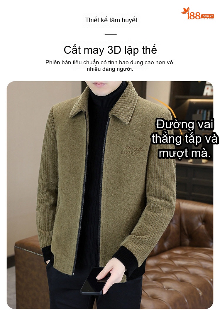 Áo Khoác Nam Tuyết Ni Nhung Dáng Ôm Vừa Vặn Cổ Bẻ Khóa Kéo Lót Lông Dày Dặn Màu Xanh Olive, Đen chi tiết 5
