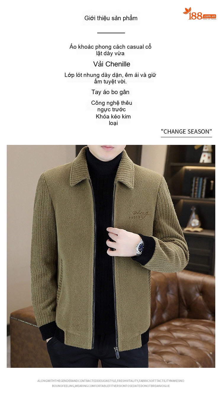 Áo Khoác Nam Tuyết Ni Nhung Dáng Ôm Vừa Vặn Cổ Bẻ Khóa Kéo Lót Lông Dày Dặn Màu Xanh Olive, Đen chi tiết 3