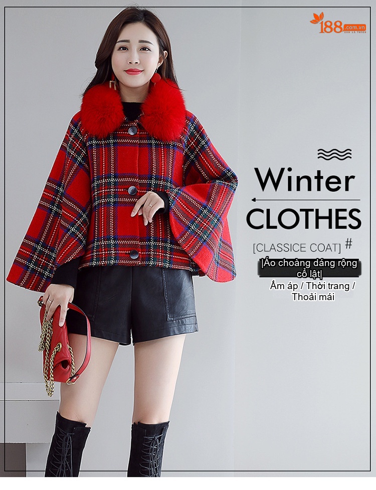 Áo Khoác Nữ Cape Lông Cổ Họa Tiết Kẻ Caro chi tiết 1