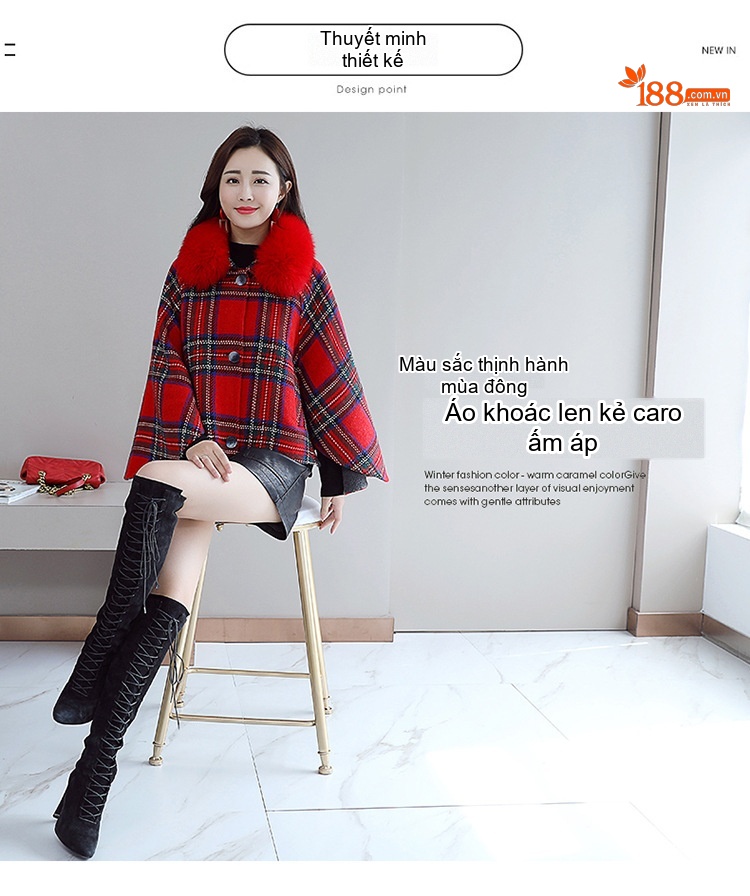 Áo Khoác Nữ Cape Lông Cổ Họa Tiết Kẻ Caro chi tiết 3