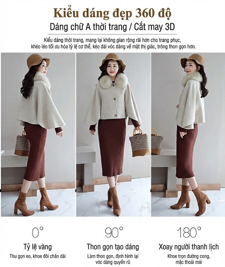 Áo Khoác Nữ Cape Lông Cổ Họa Tiết Kẻ Caro chi tiết 4