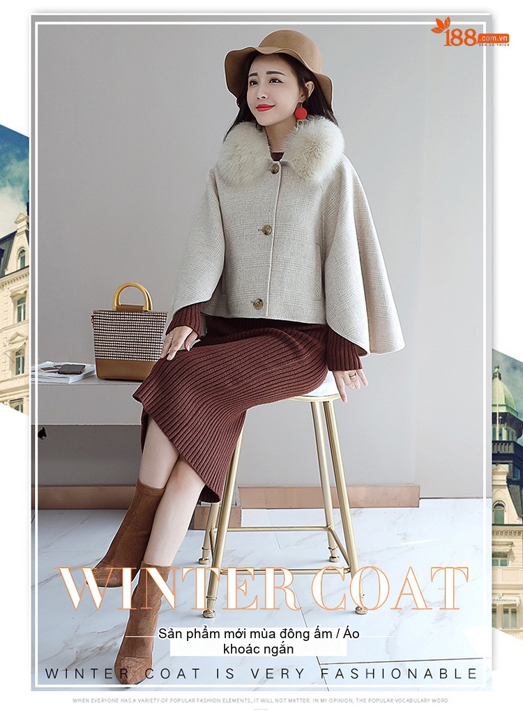 Áo Khoác Nữ Cape Lông Cổ Họa Tiết Kẻ Caro chi tiết 5