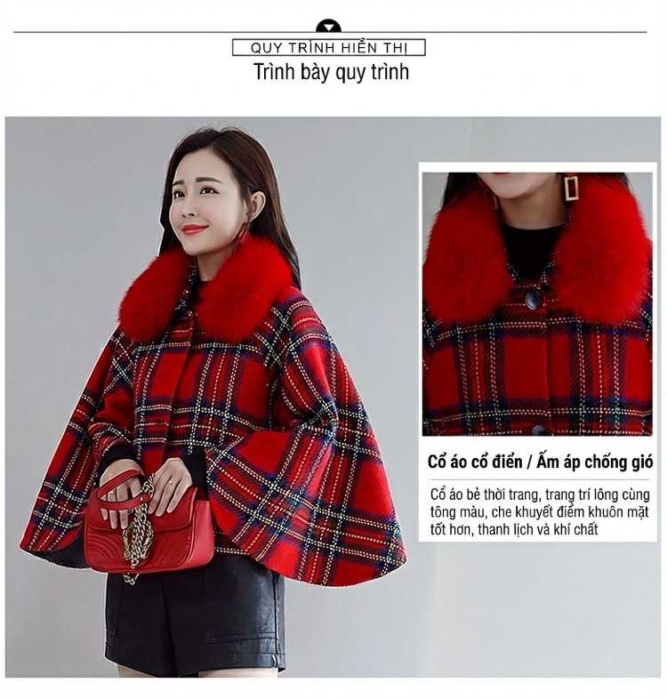 Áo Khoác Nữ Cape Lông Cổ Họa Tiết Kẻ Caro chi tiết 6