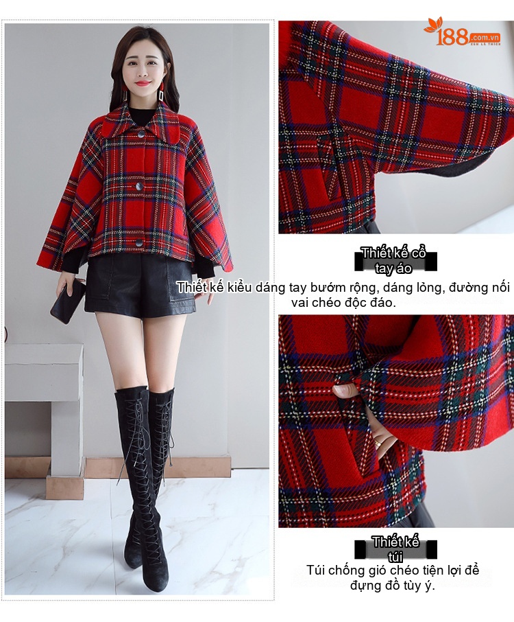 Áo Khoác Nữ Cape Lông Cổ Họa Tiết Kẻ Caro chi tiết 7
