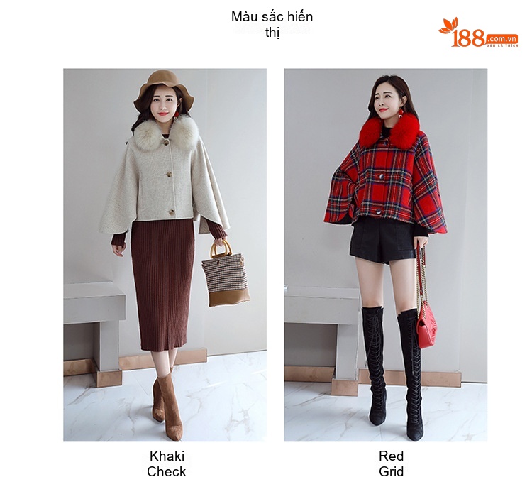 Áo Khoác Nữ Cape Lông Cổ Họa Tiết Kẻ Caro chi tiết 8