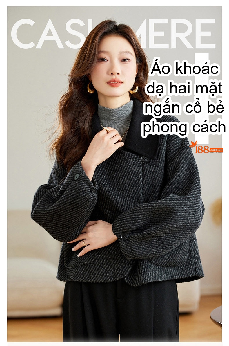 Áo Khoác Nữ Cổ Bẻ Form Rộng Chất Liệu Lông Cừu Hai Mặt Màu Xám Đậm, Đen chi tiết 1