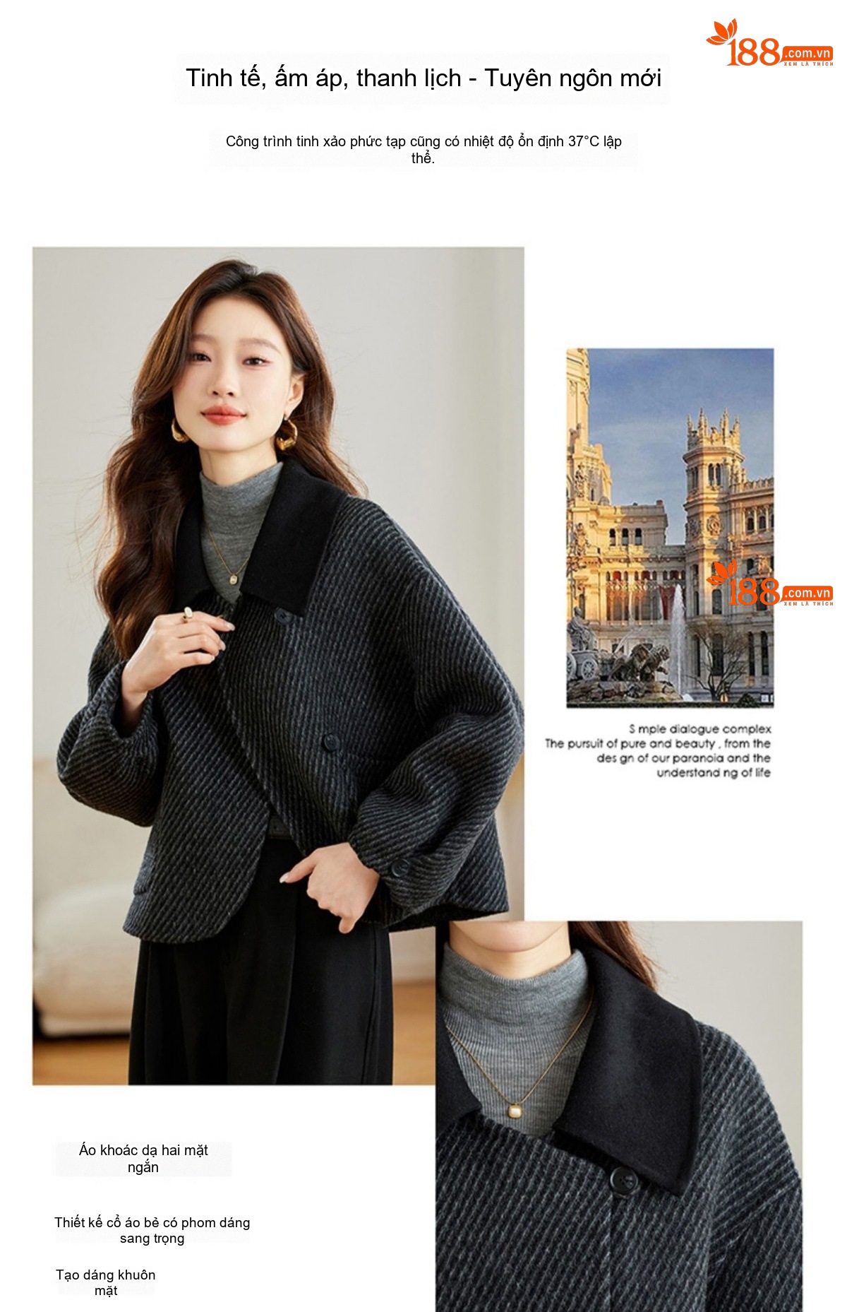 Áo Khoác Nữ Cổ Bẻ Form Rộng Chất Liệu Lông Cừu Hai Mặt Màu Xám Đậm, Đen chi tiết 6