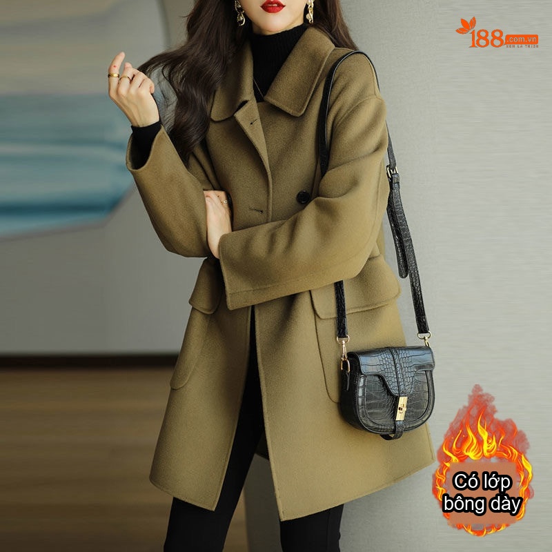 Áo Khoác Nữ Cổ Lật Lót Bông Dày Dặn Dáng Ôm Phong Cách Hàn Quốc Màu Đỏ, Đen, Nâu, Xanh...