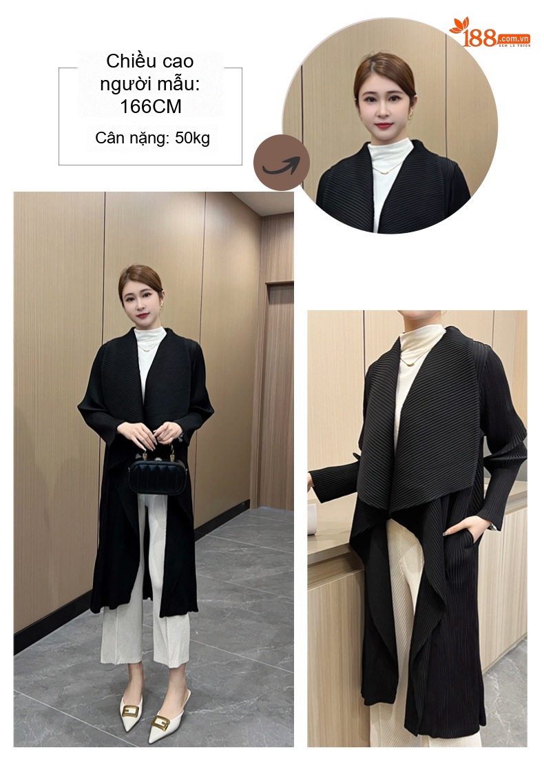Áo Khoác Nữ Dáng Dài Cổ chữ Ve Lớn Thiết Kế Xếp Ly Phong Cách Tối Giản Màu Đen, Xám chi tiết 8