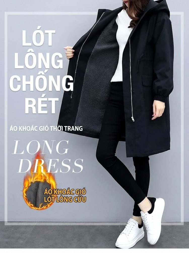 Áo Khoác Nữ Dáng Dài Cotton Lót Lông Dày Dặn Mũ Trùm Đầu Màu Đen chi tiết 1