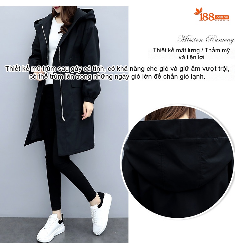 Áo Khoác Nữ Dáng Dài Cotton Lót Lông Dày Dặn Mũ Trùm Đầu Màu Đen chi tiết 4